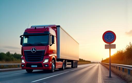 Ein LKW, der ein Grenzübergangsschild passiert